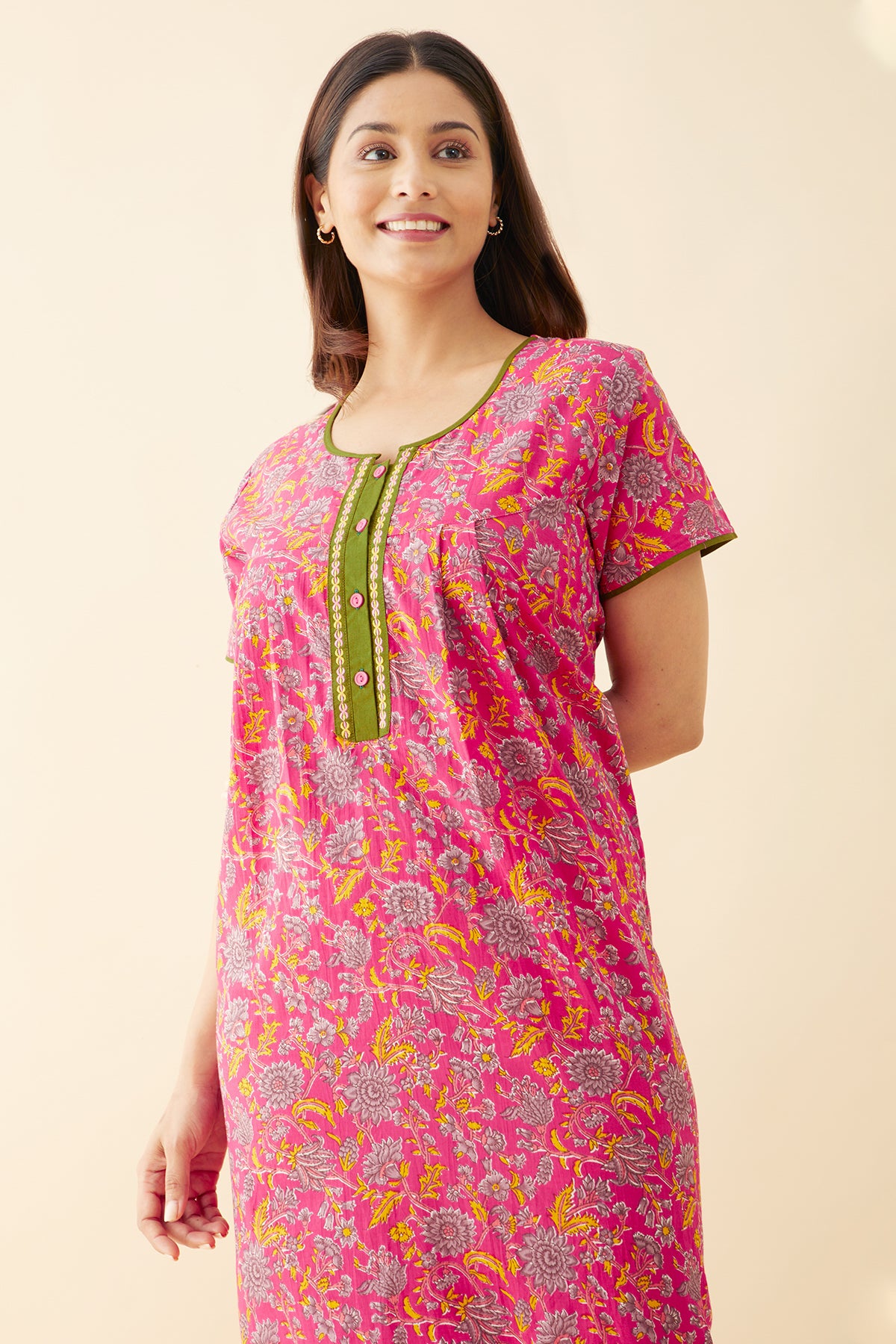 Jaipur Floral Printed Cotton Nighty - Pink