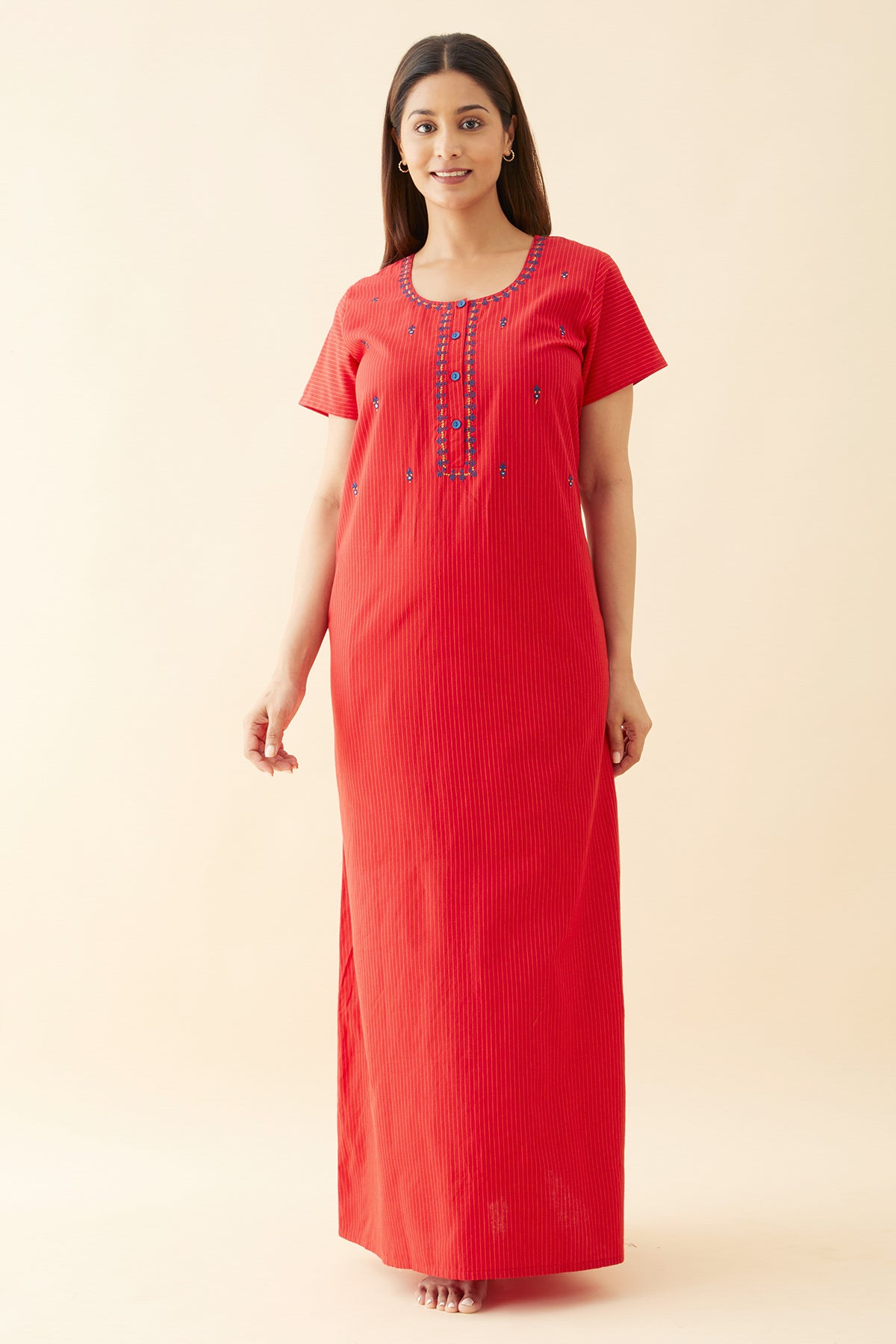 Dobby Embroidered Nighty - Red