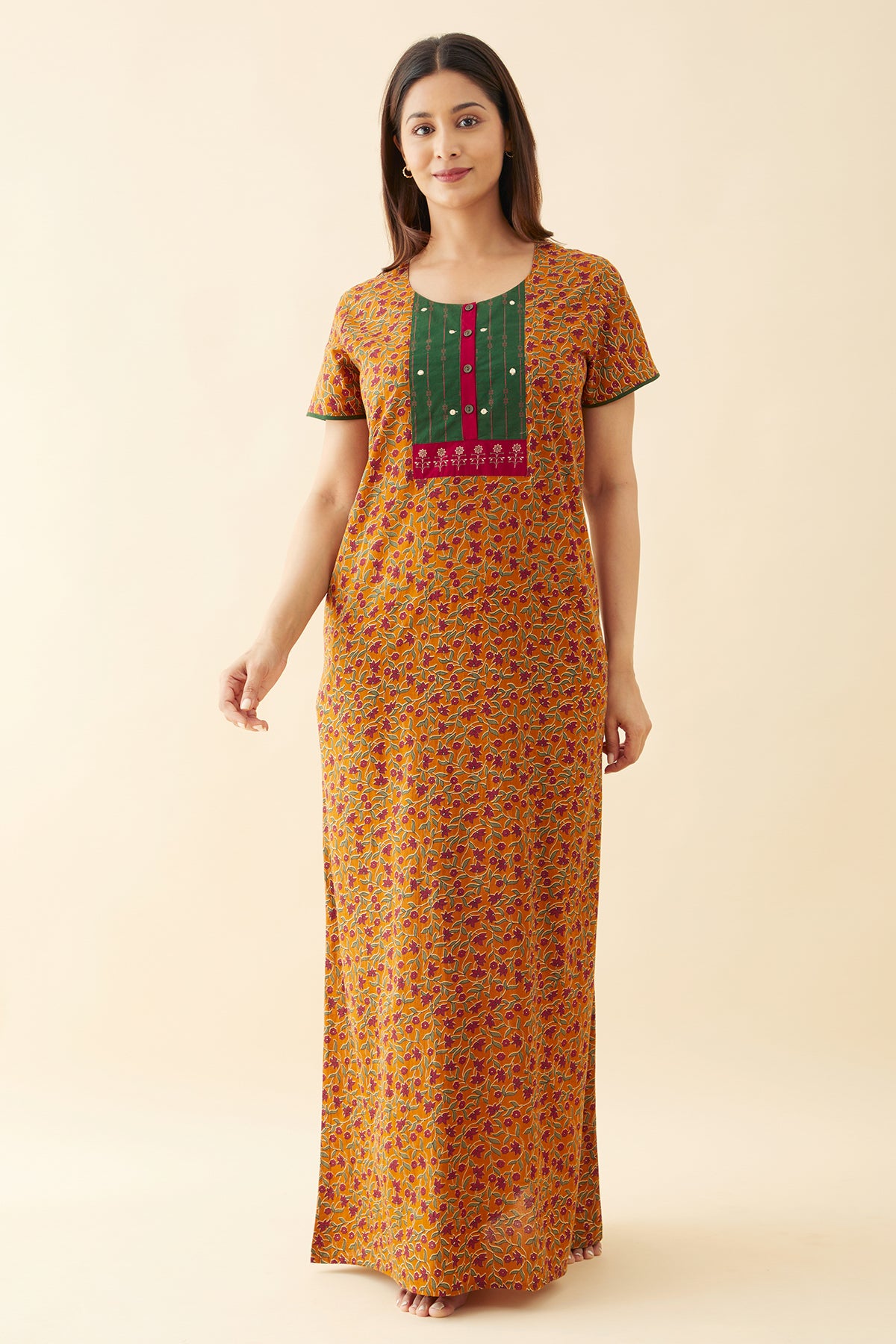 Block Printed Nighty & Contrast Yoke - Mustard