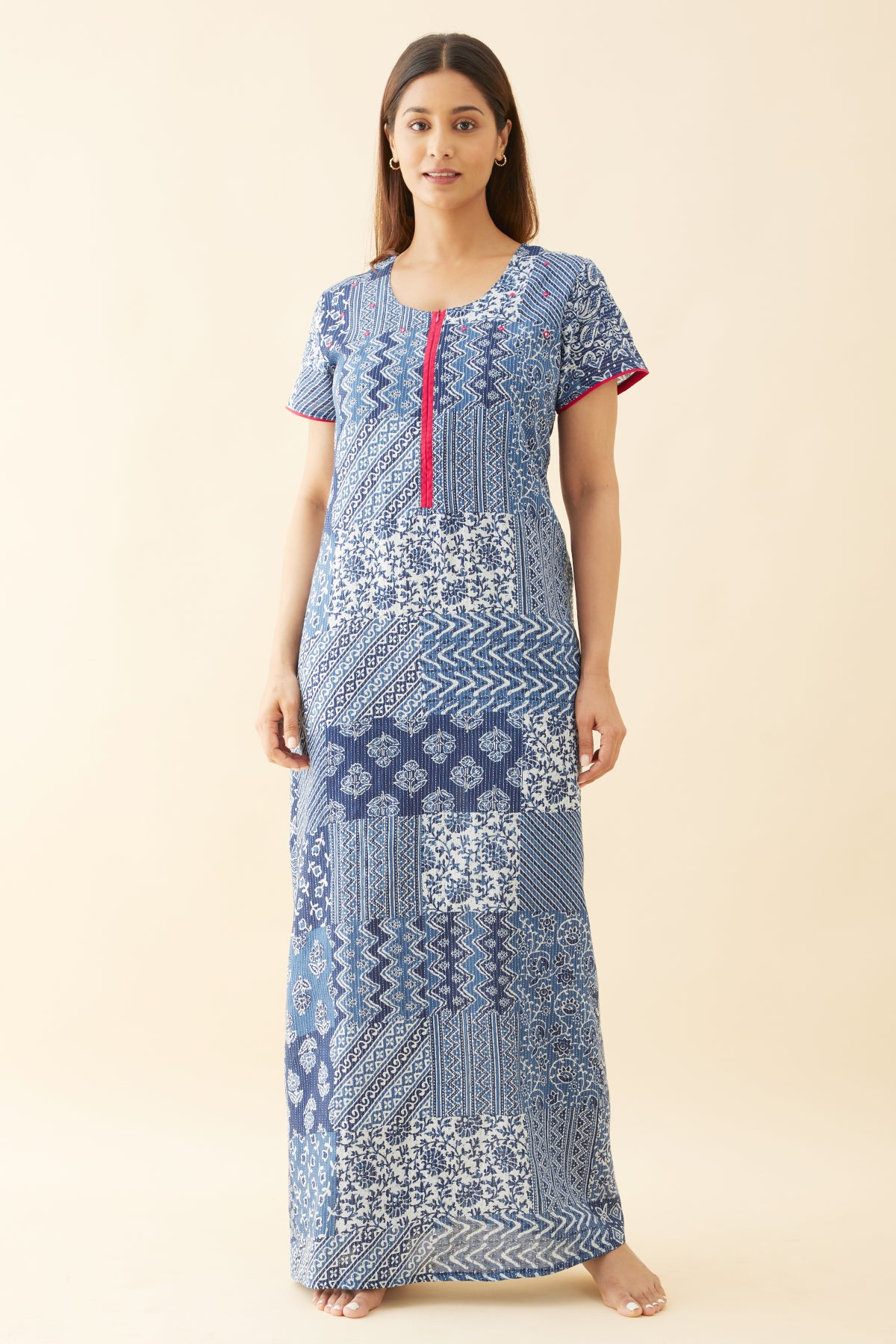 Ethnic Scarlet Tile Printed Nighty - Blue