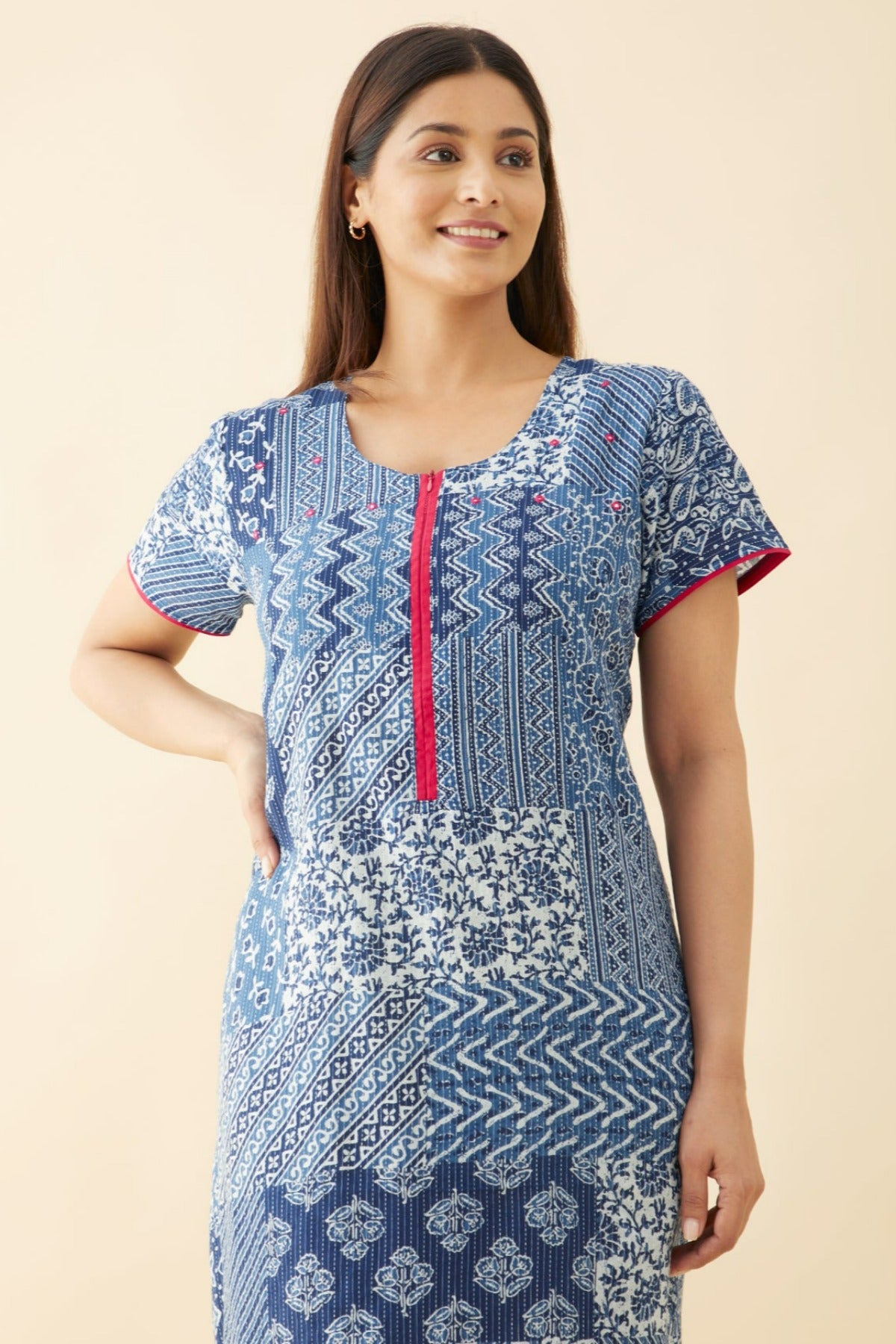 Ethnic Scarlet Tile Printed Nighty - Blue