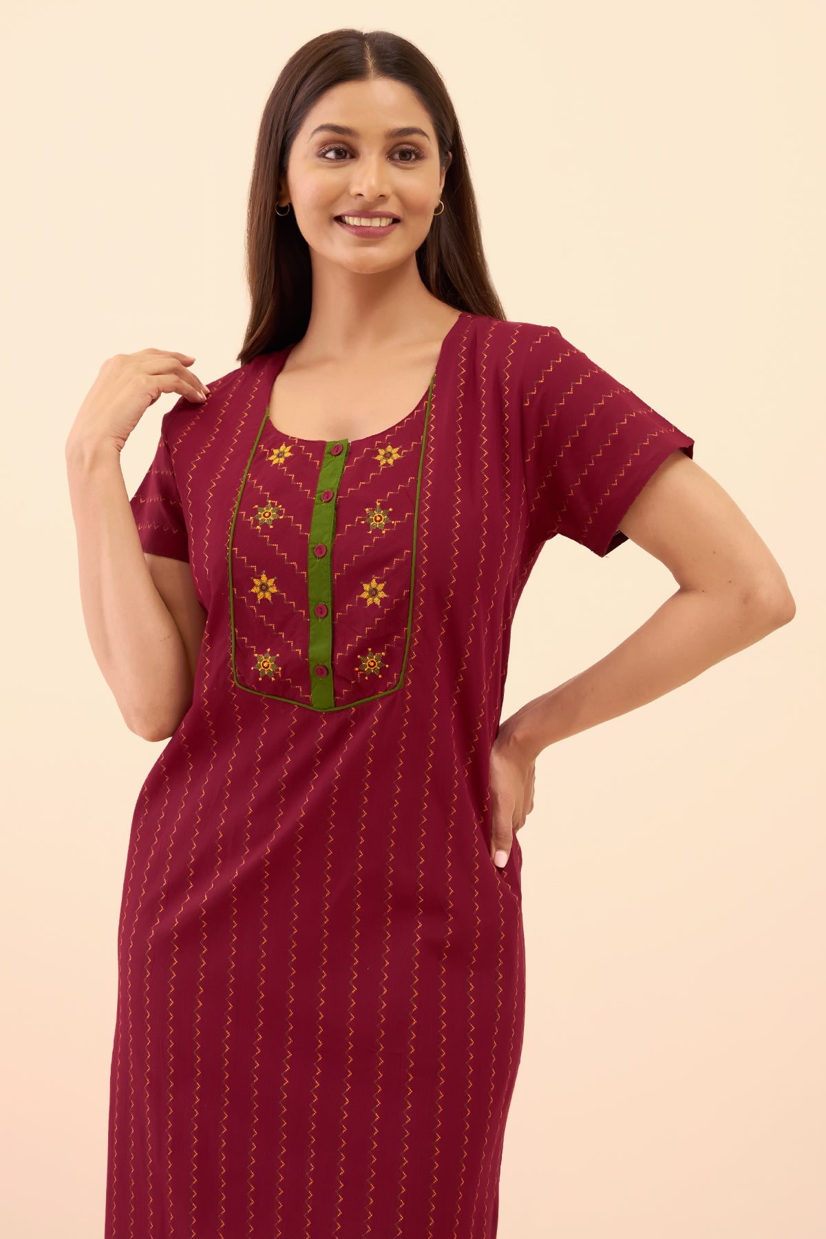 Floral Dobby Weave Nighty - Maroon