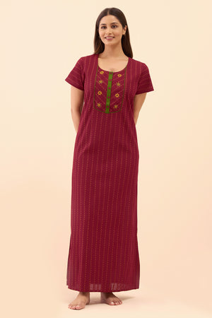 Floral Dobby Weave Nighty - Maroon