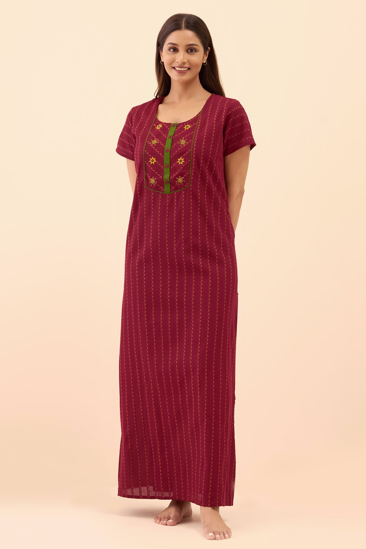 Floral Dobby Weave Nighty - Maroon