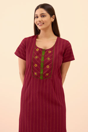 Floral Dobby Weave Nighty - Maroon