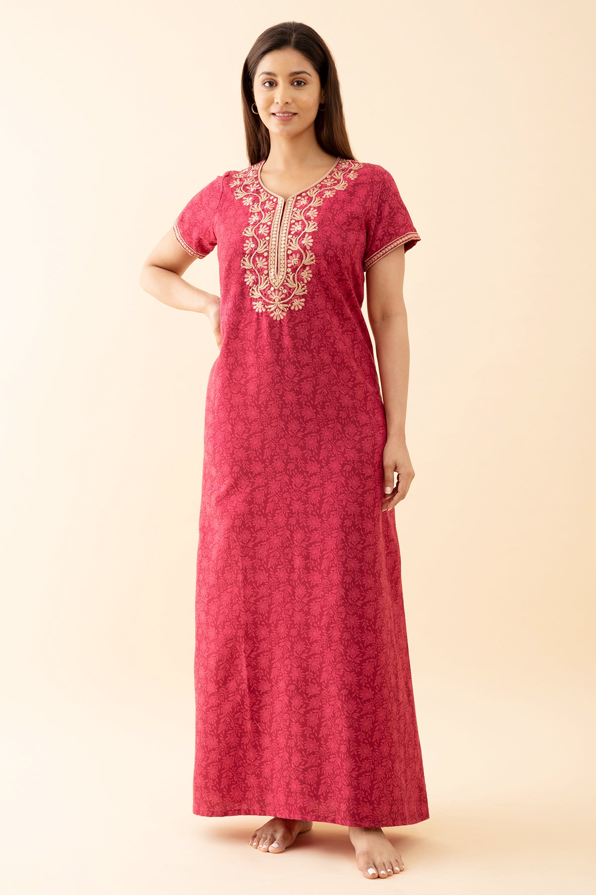 All Over Floral Printed Nighty With Contrast Embroidered Yoke Pink
