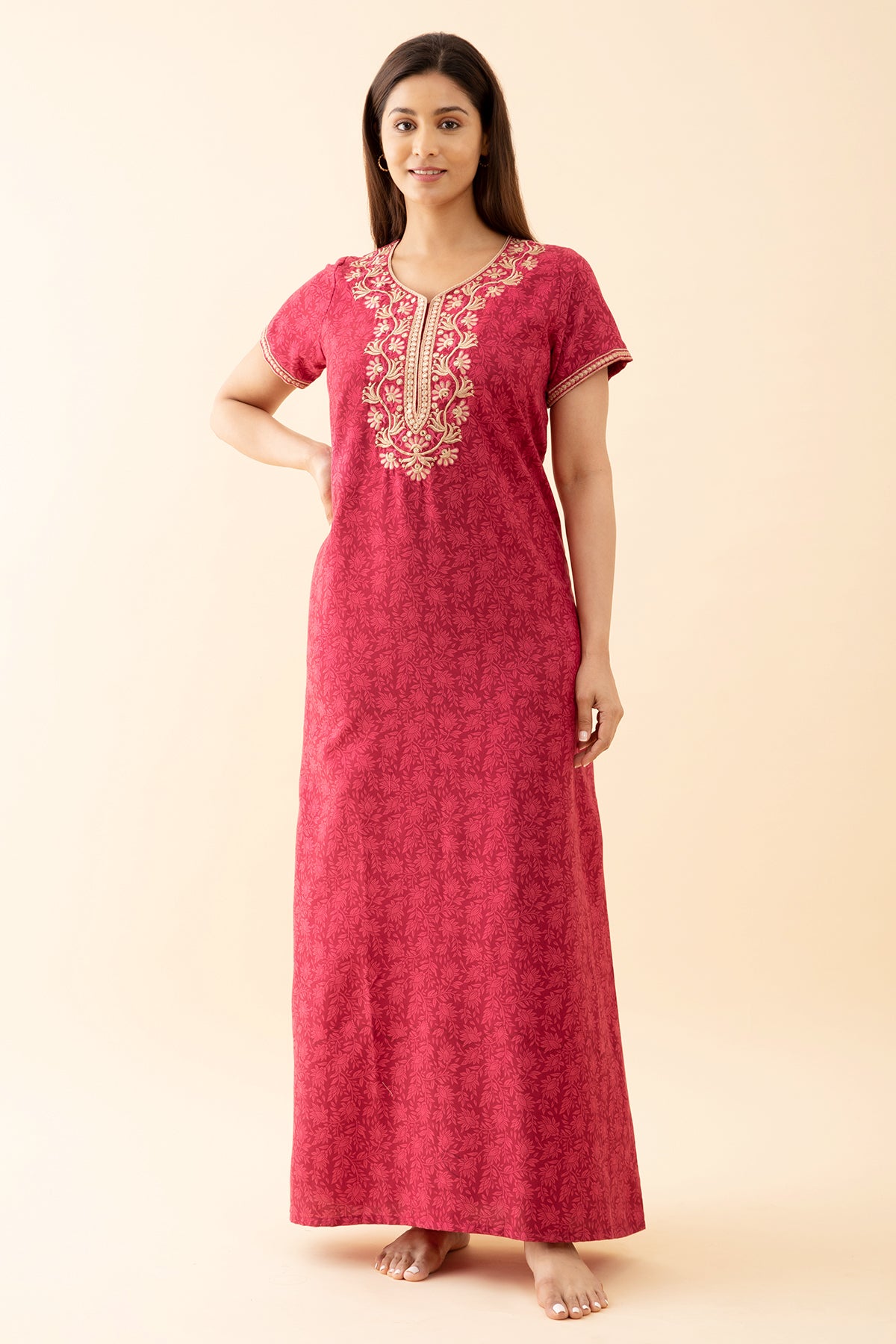 All Over Floral Printed Nighty With Contrast Embroidered Yoke Pink