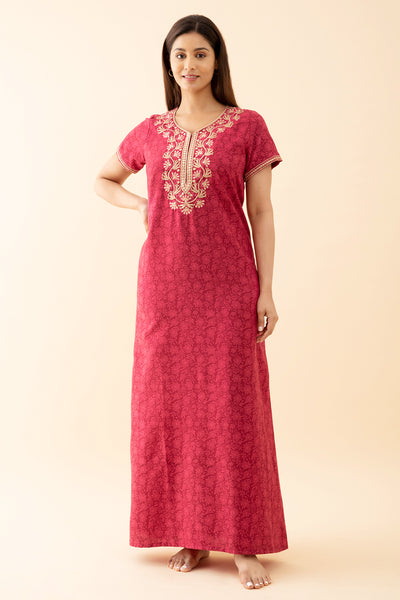 All Over Floral Printed Nighty With Contrast Embroidered Yoke - Pink