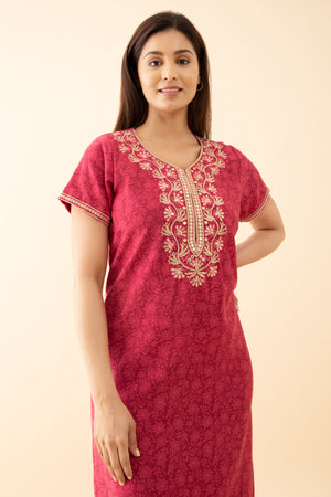 All Over Floral Printed Nighty With Contrast Embroidered Yoke Pink