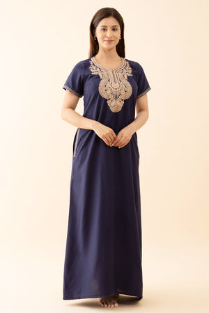 Solid With Contrast Floral Embroidered Yoke Nighty Blue
