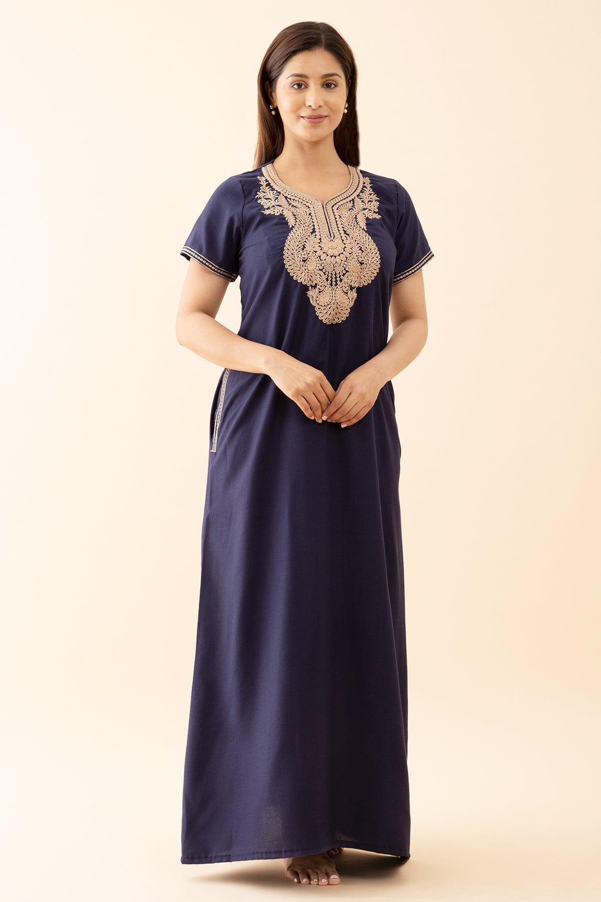 Solid With Contrast Floral Embroidered Yoke Nighty - Blue