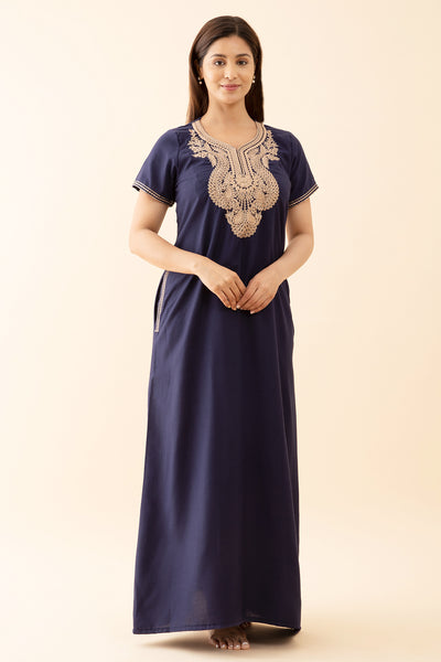 Solid With Contrast Floral Embroidered Yoke Nighty Blue