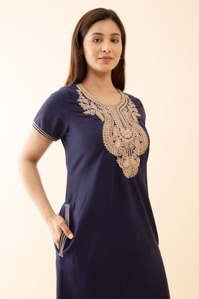 Solid With Contrast Floral Embroidered Yoke Nighty - Blue