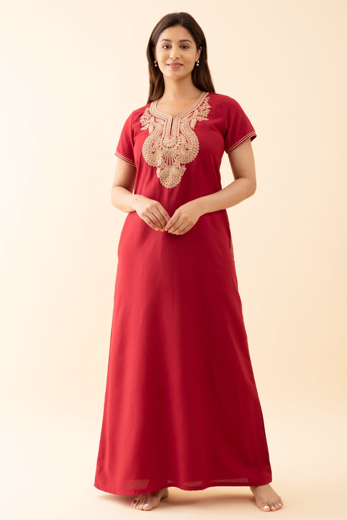 Solid Nighty With Contrast Floral Embroidered Yoke Maroon
