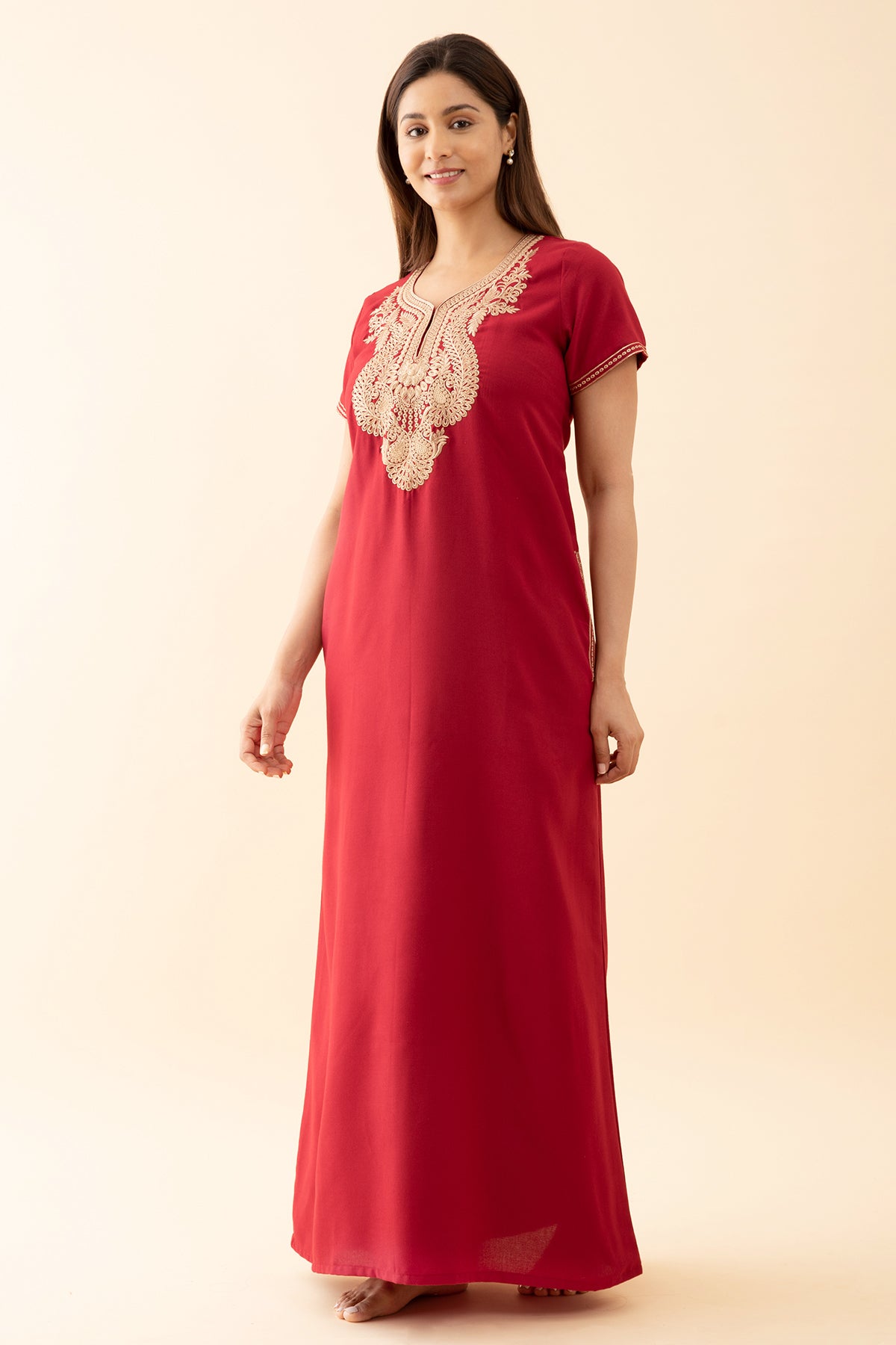 Solid Nighty With Contrast Floral Embroidered Yoke - Maroon