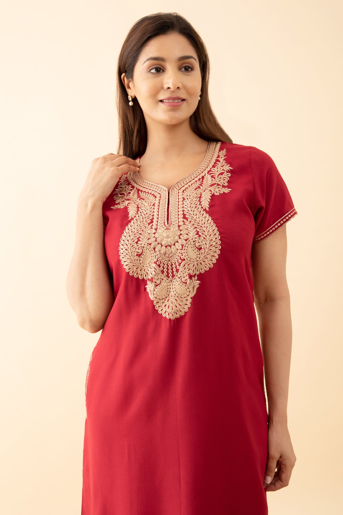 Solid Nighty With Contrast Floral Embroidered Yoke Maroon
