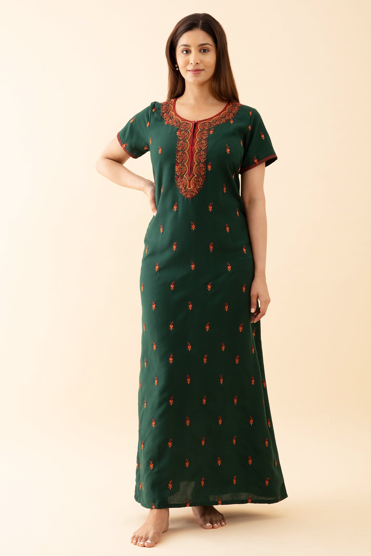 Solid With Contrast Whimsical Garden Embroidered Yoke - Green
