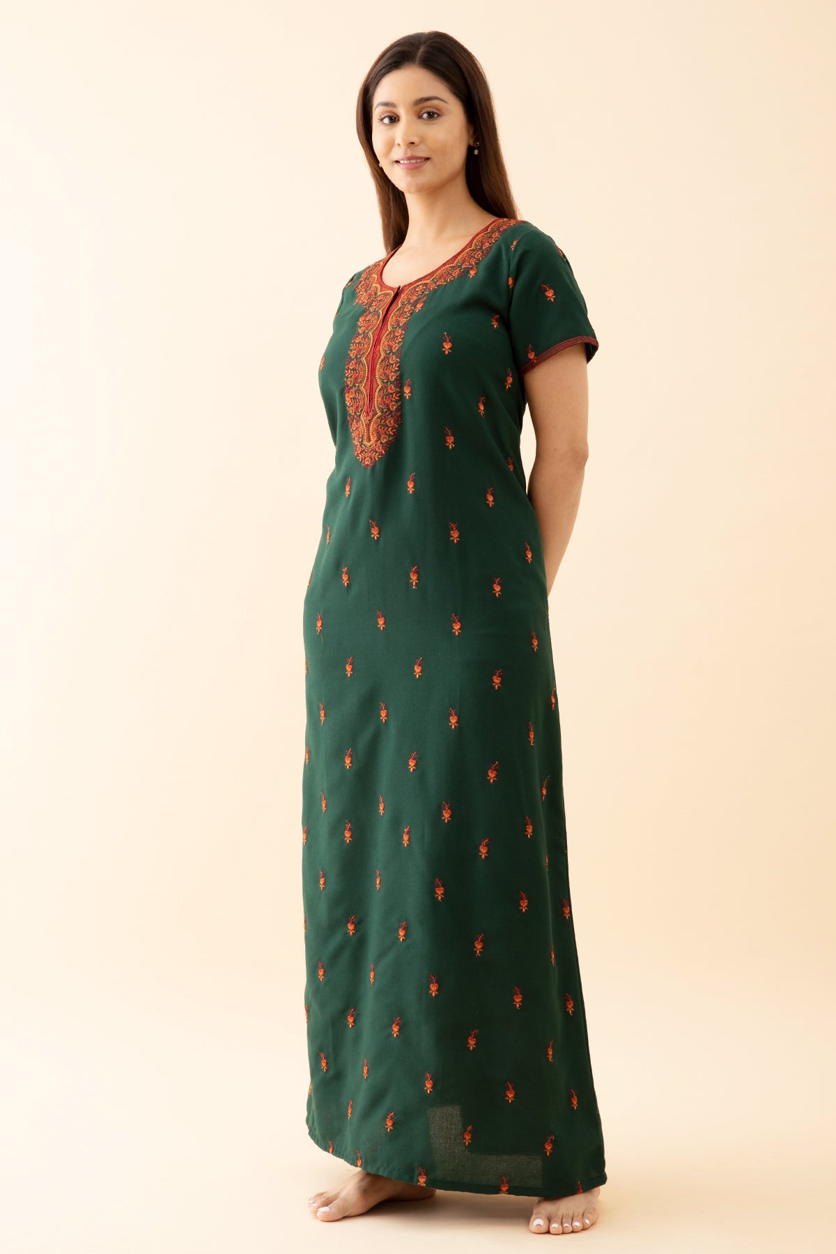 Solid With Contrast Whimsical Garden Embroidered Yoke - Green