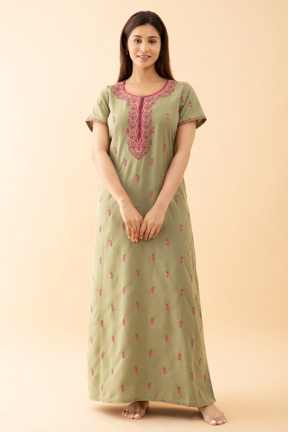 Solid With Contrast Whimsical Garden Embroidered Yoke - Light Green