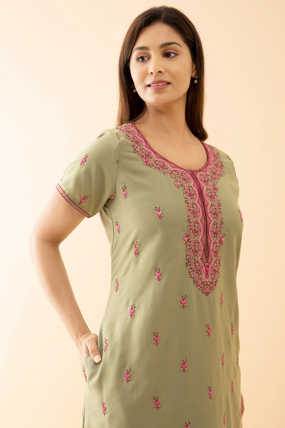 Solid With Contrast Whimsical Garden Embroidered Yoke - Light Green