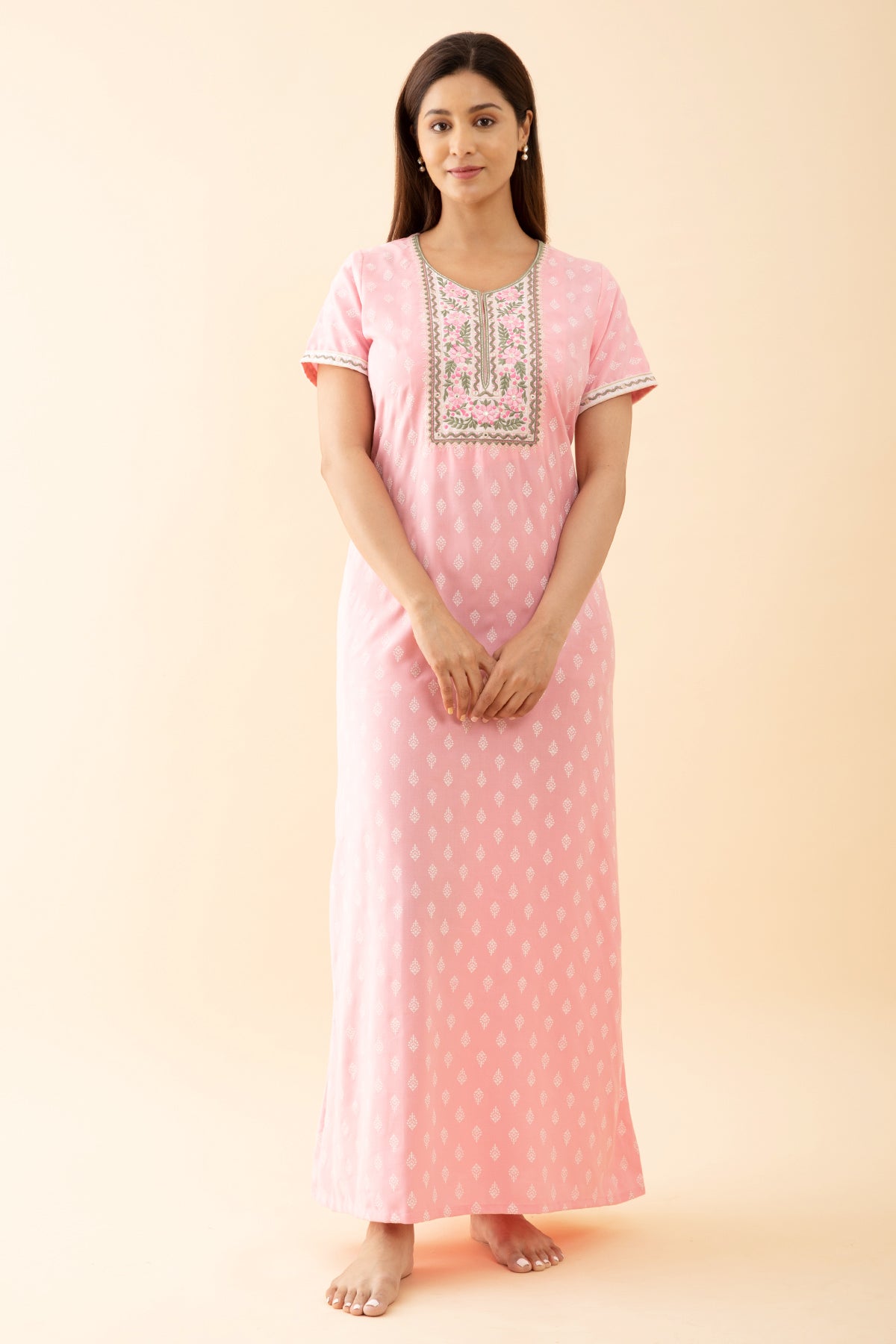 Floral Printed Nighty With Embroidered Yoke Pink