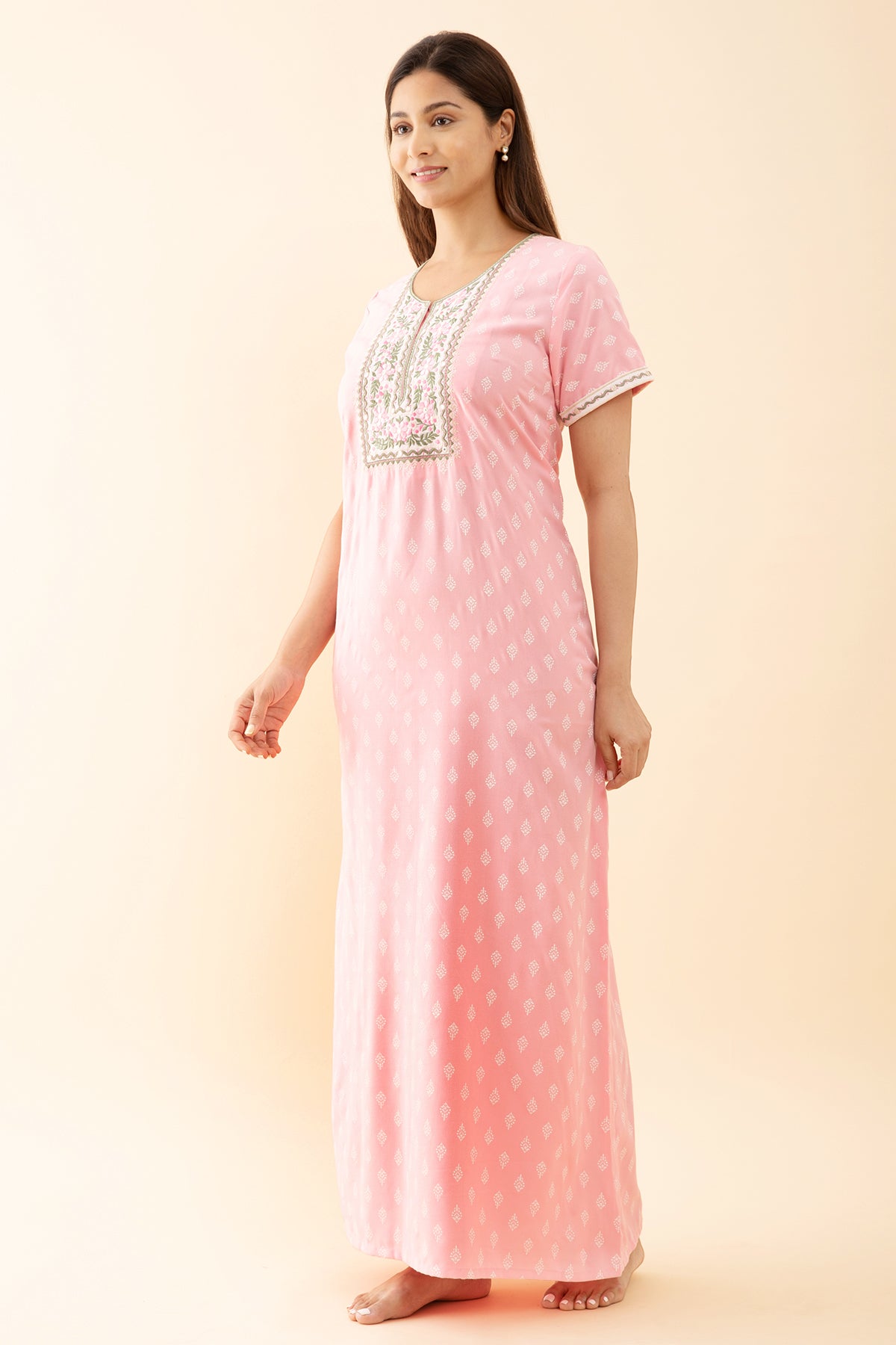 Floral Printed Nighty With Embroidered Yoke - Pink