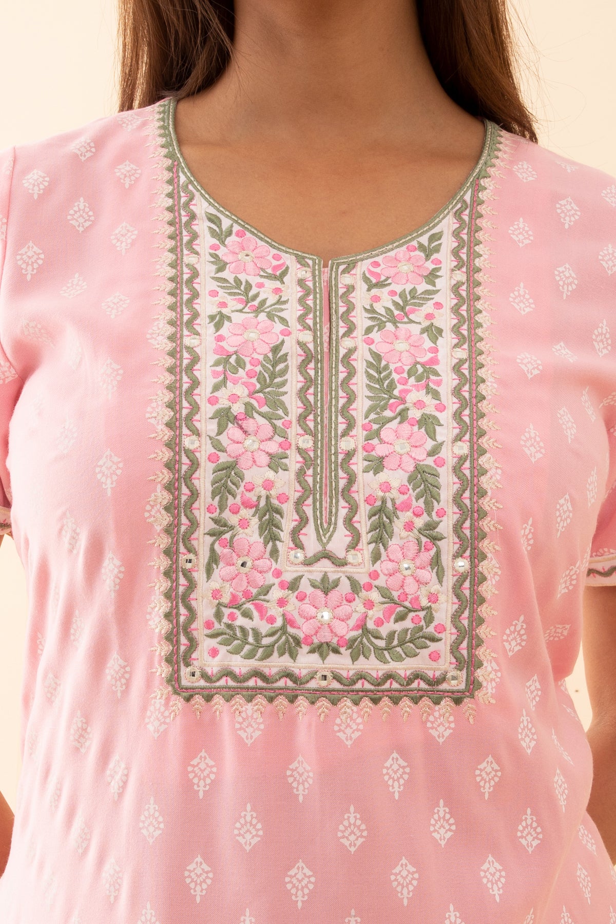 Floral Printed Nighty With Embroidered Yoke - Pink