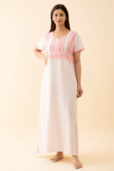 All Over Geometic Printed Nighty With Contrast Yoke - White