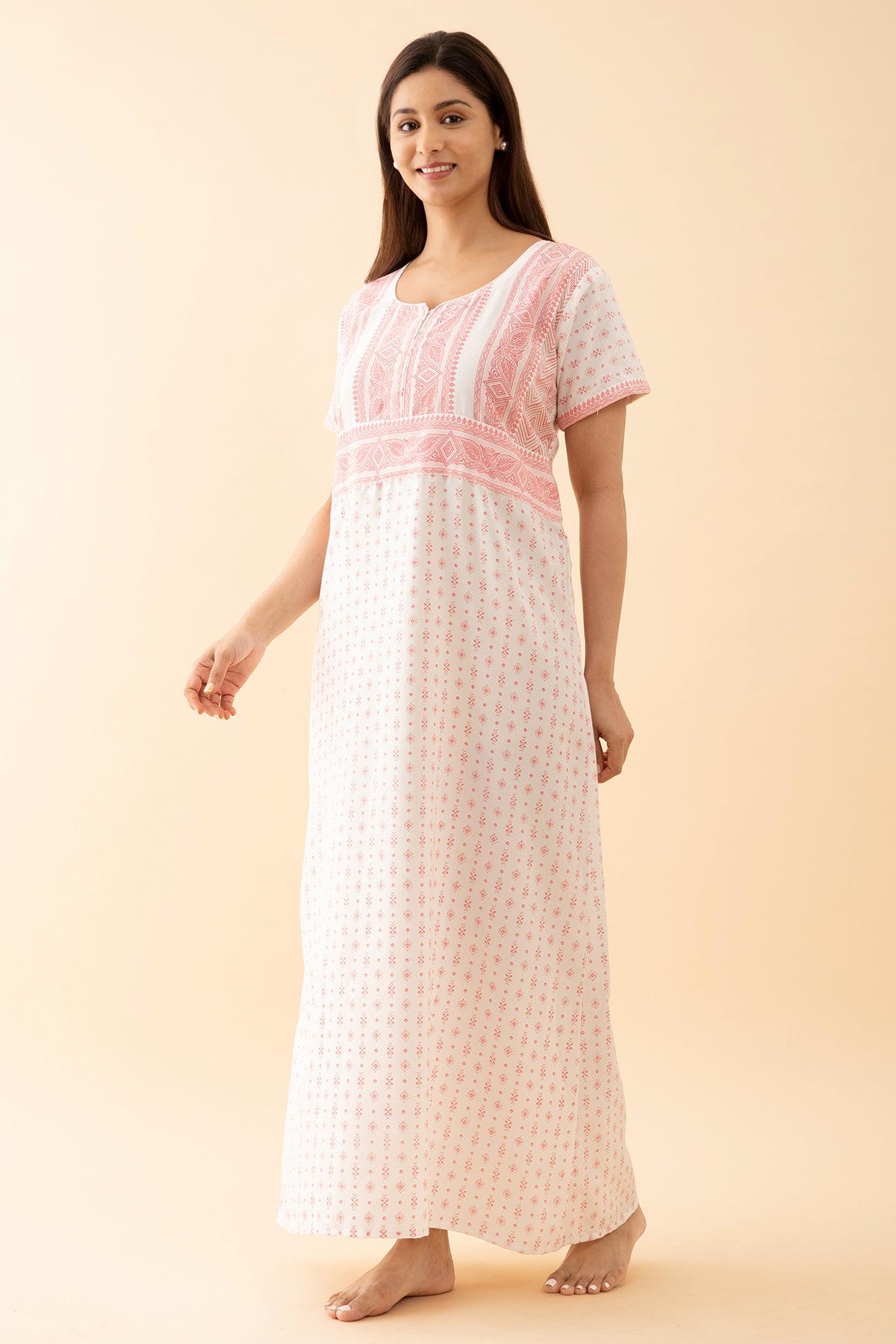 All Over Geometic Printed Nighty With Contrast Yoke - White
