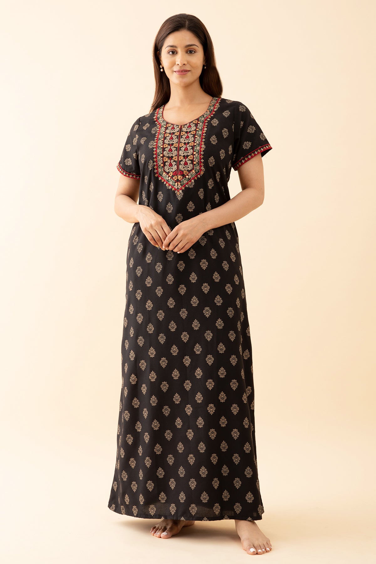 Printed Nighty With Contrast Floral Embroidered Yoke Black