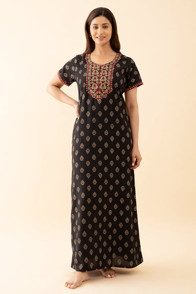 Printed Nighty With Contrast Floral Embroidered Yoke - Black