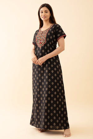 Printed Nighty With Contrast Floral Embroidered Yoke Black
