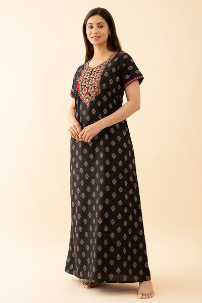 Printed Nighty With Contrast Floral Embroidered Yoke Black
