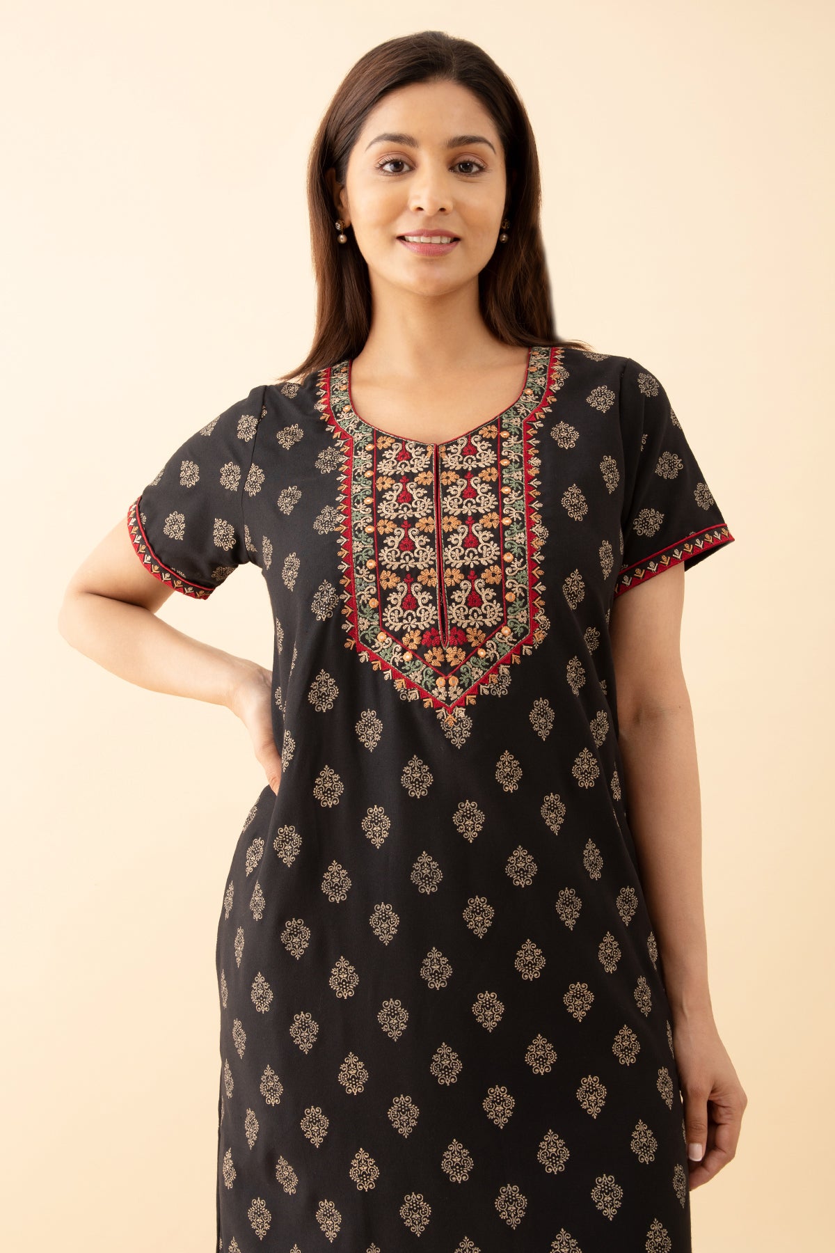 Printed Nighty With Contrast Floral Embroidered Yoke Black