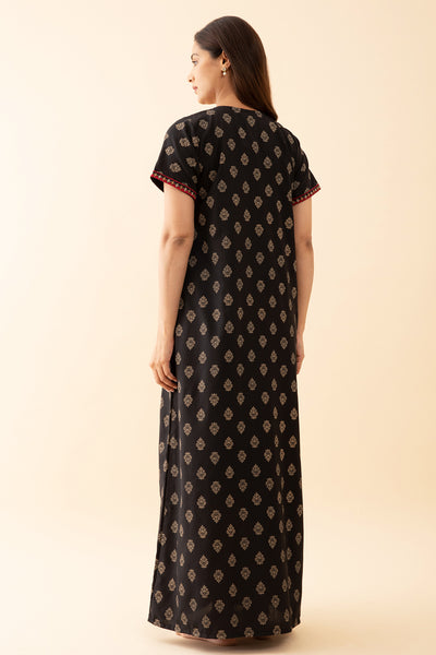 Printed Nighty With Contrast Floral Embroidered Yoke - Black