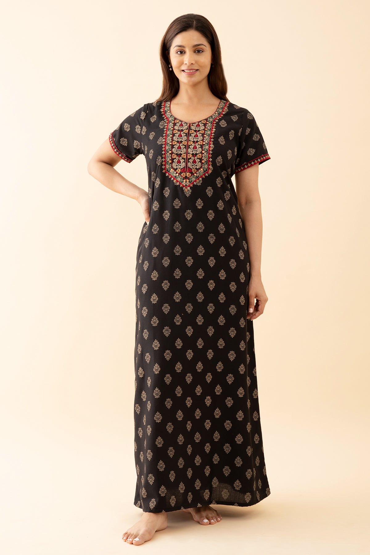 Printed Nighty With Contrast Floral Embroidered Yoke Black
