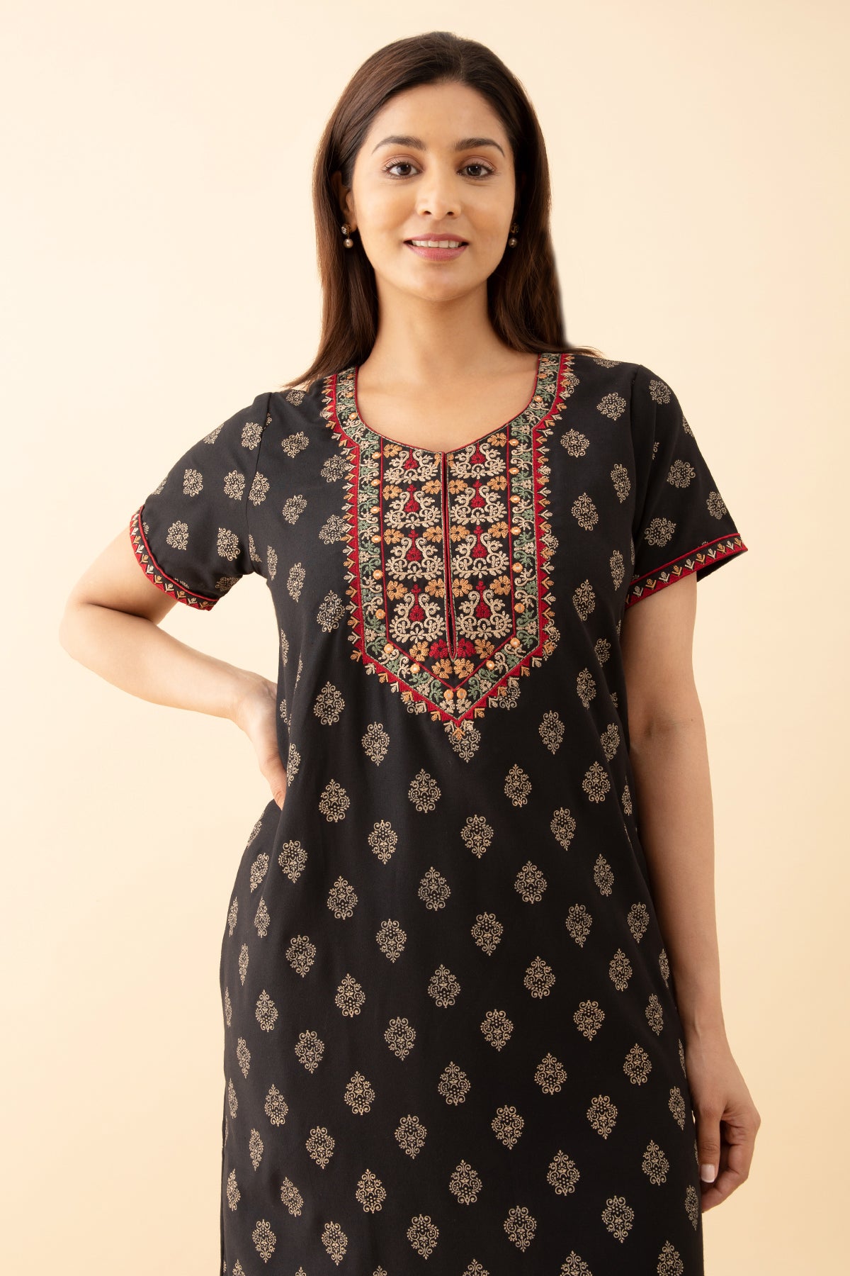 Printed Nighty With Contrast Floral Embroidered Yoke Black
