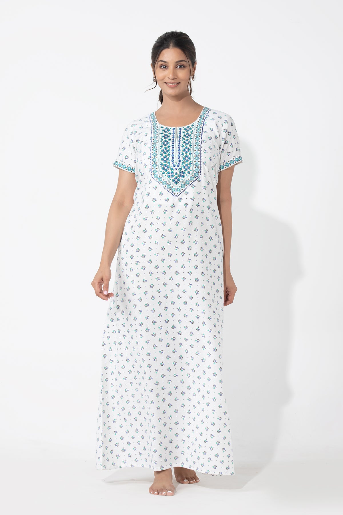 Ditsy Floral Printed & Embroidered White Nighty