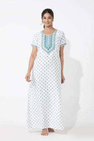 Ditsy Floral Printed & Embroidered White Nighty