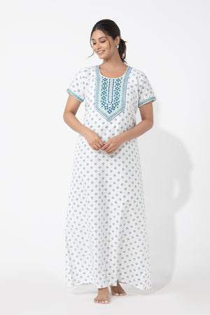 Ditsy Floral Printed & Embroidered White Nighty