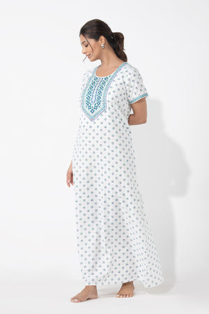 Ditsy Floral Printed & Embroidered White Nighty