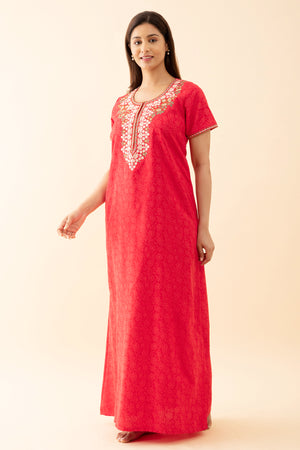 All Over Floral Printed Nighty With Embroidered Neckline Peach
