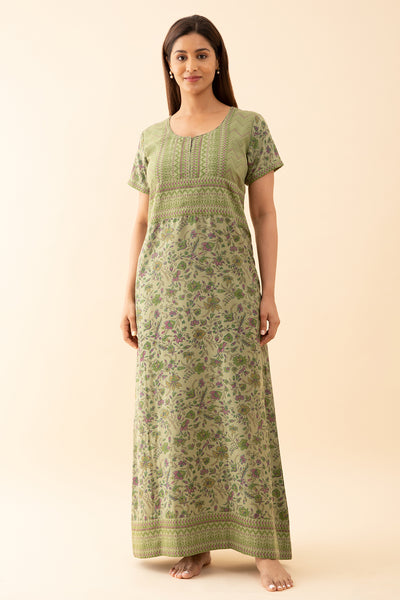 All Over Floral Printed Nighty With Geometric Motif Yoke - Light Green
