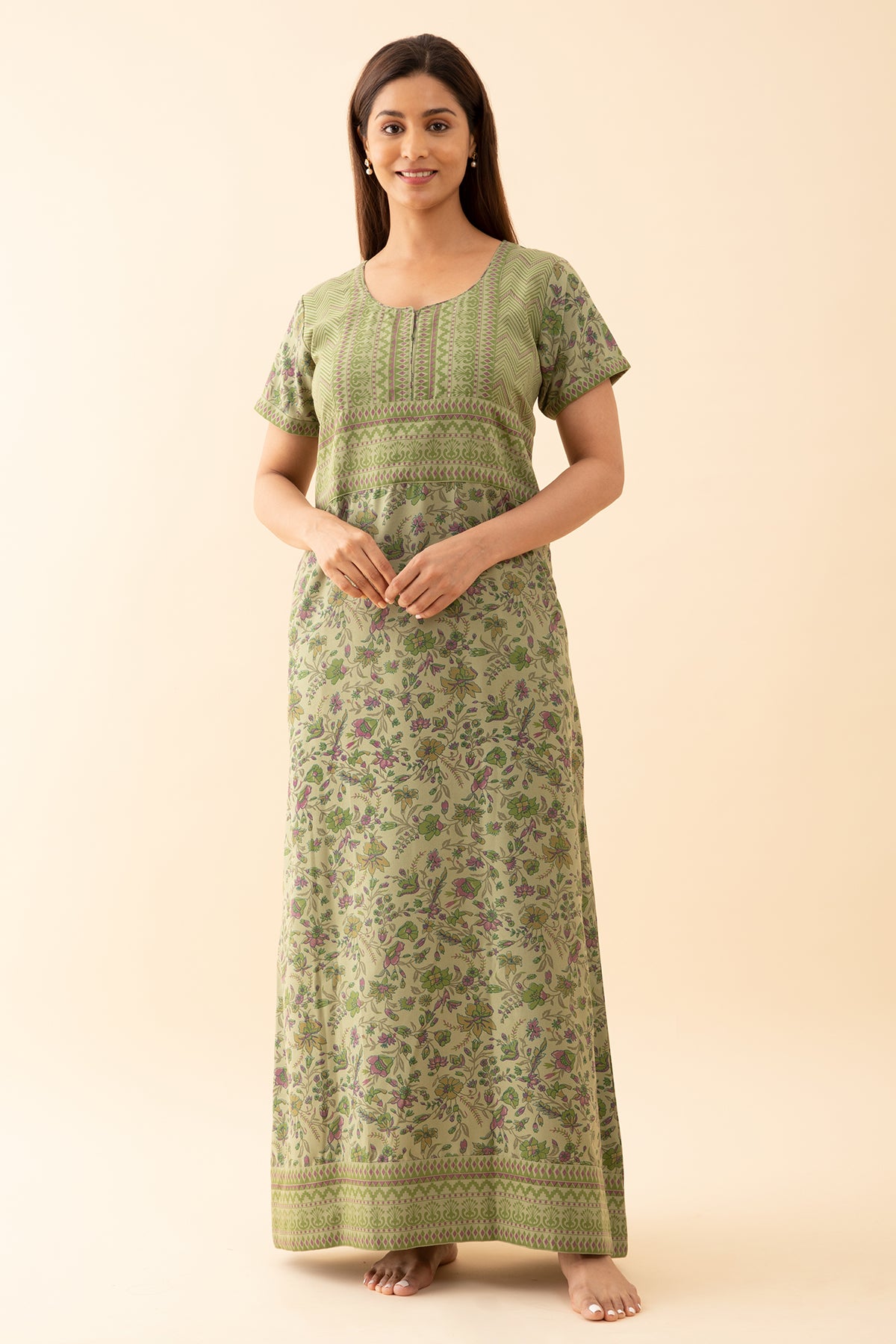 All Over Floral Printed Nighty With Geometric Motif Yoke Light Green
