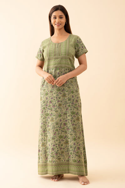 All Over Floral Printed Nighty With Geometric Motif Yoke Light Green