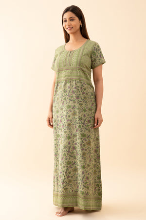 All Over Floral Printed Nighty With Geometric Motif Yoke Light Green
