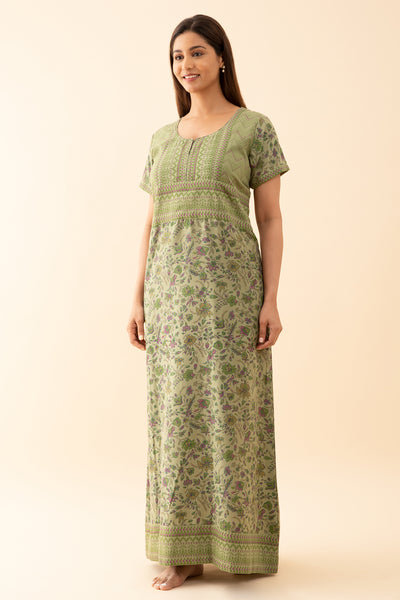 All Over Floral Printed Nighty With Geometric Motif Yoke Light Green