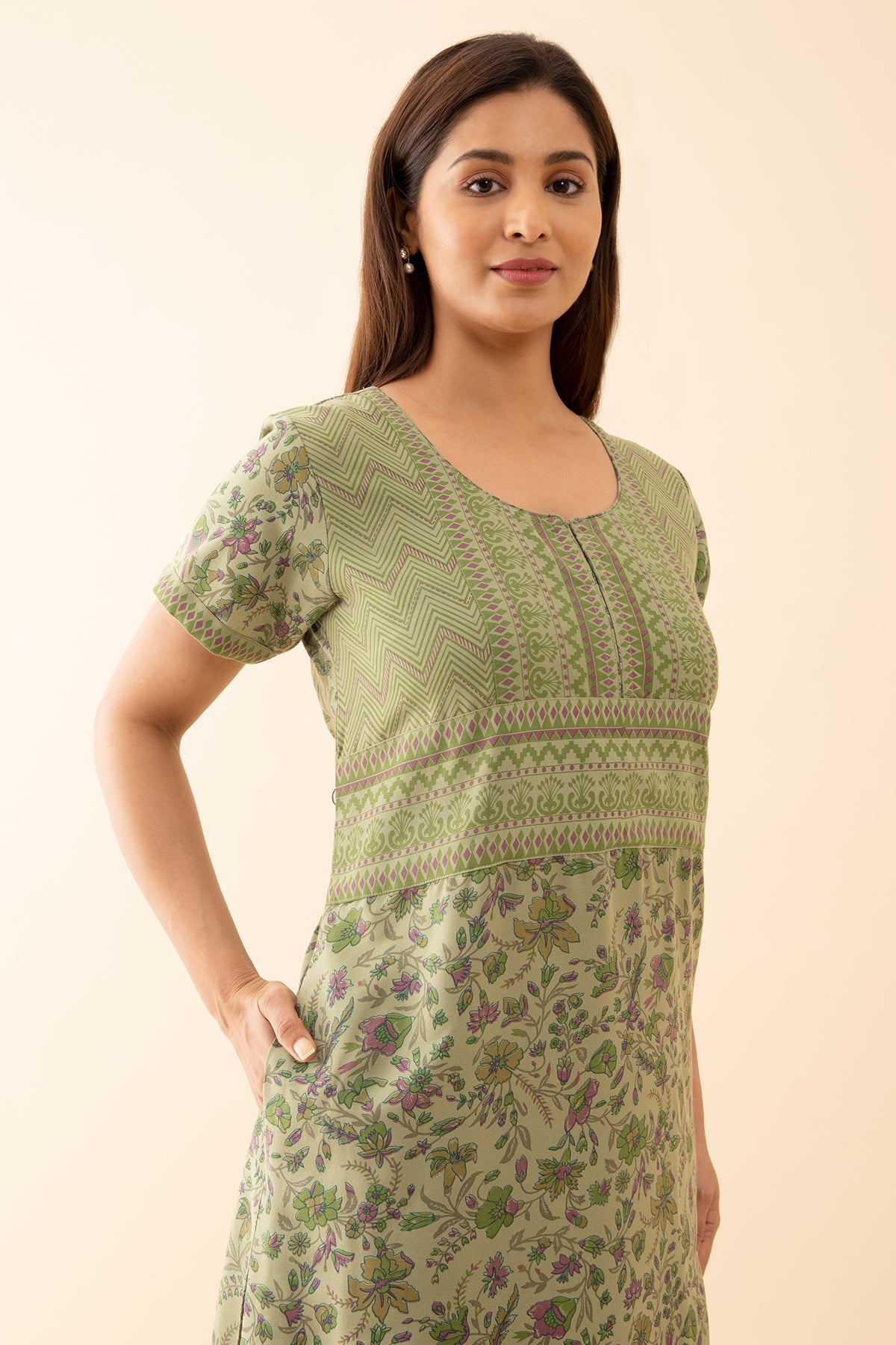 All Over Floral Printed Nighty With Geometric Motif Yoke - Light Green