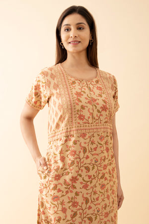 All Over Floral Printed Nighty With Geometric Motif Yoke Beige
