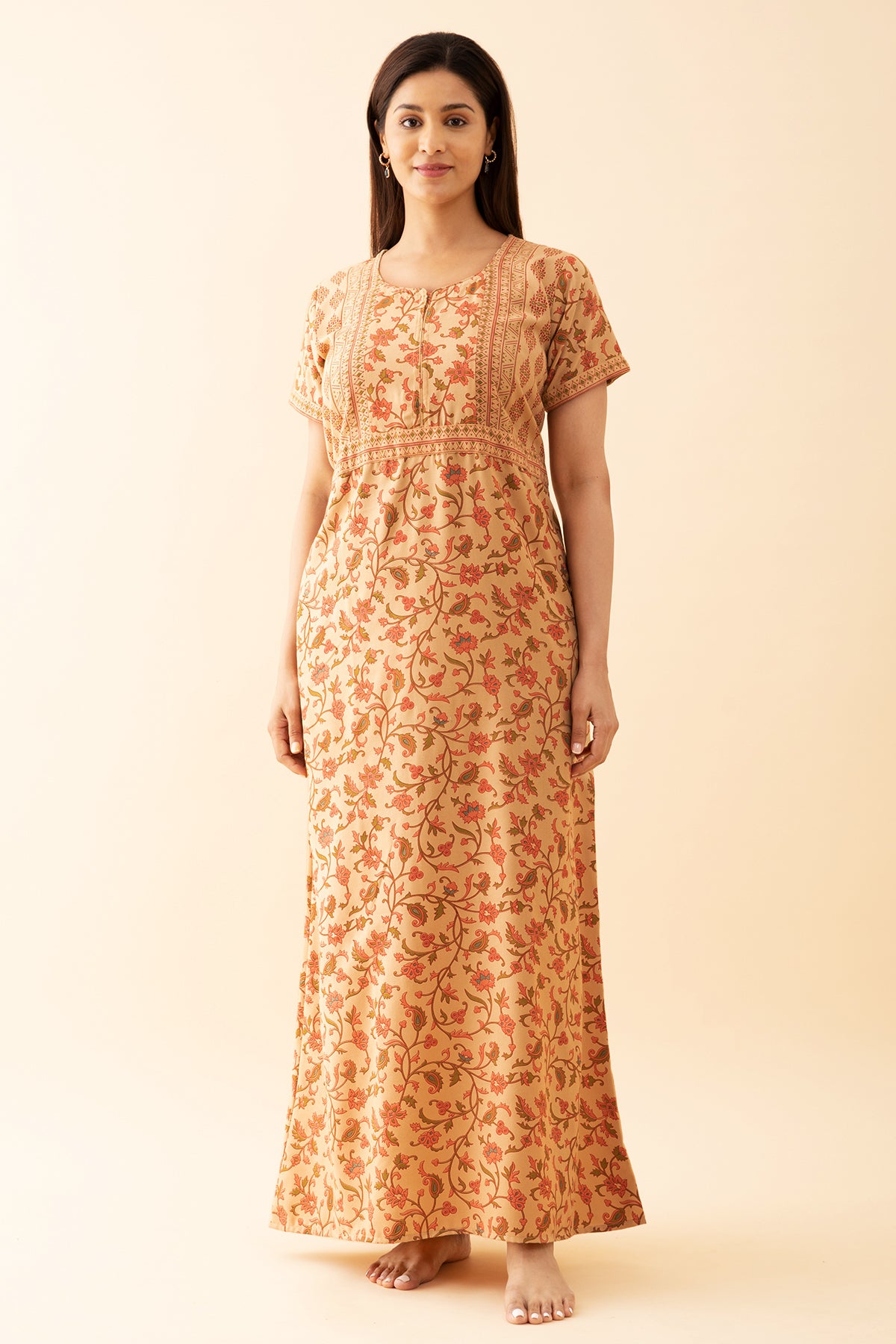 All Over Floral Printed Nighty With Geometric Motif Yoke Beige
